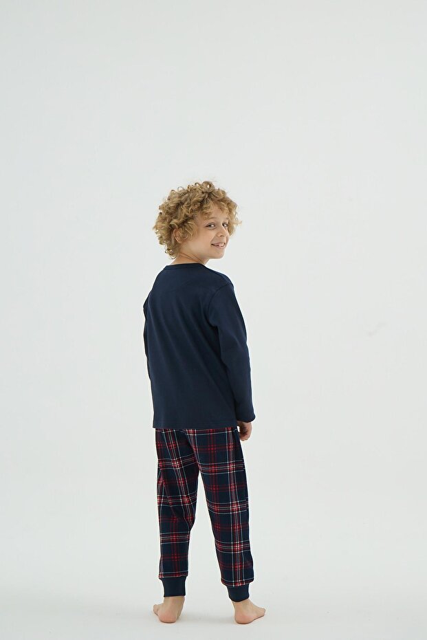 Erkek Çocuk Lacivert Uzun Kollu Kareli Desenli Pijama Takımı C8T3N98 - 4