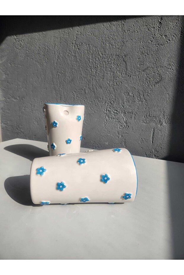 Mavi Çiçekli El Yapımı Seramik Pipetli Bardak - 5