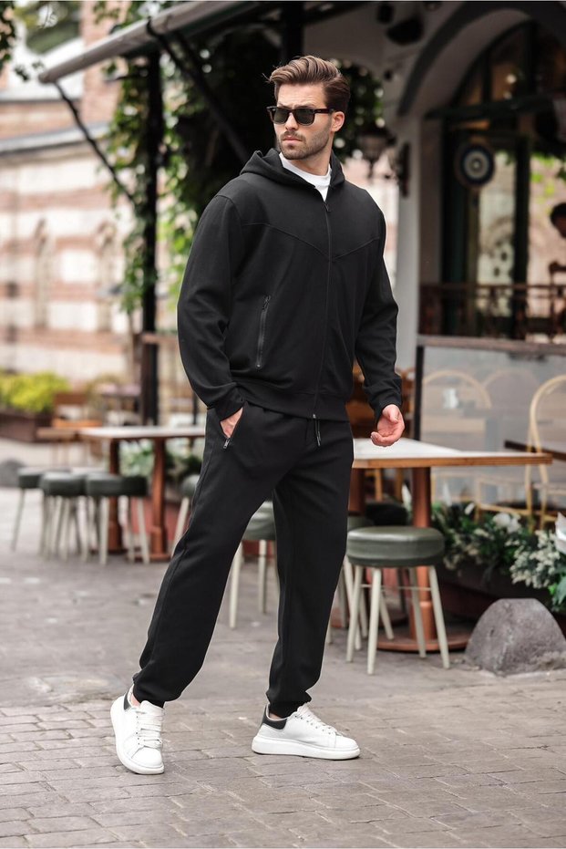Black Hooded Relaxed Fit Men's Tracksuit Set E7330