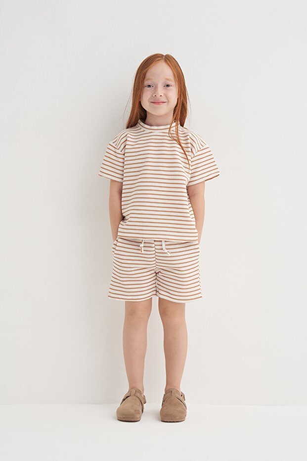 Unisex Children's Knitted Waffle Set Brown Striped