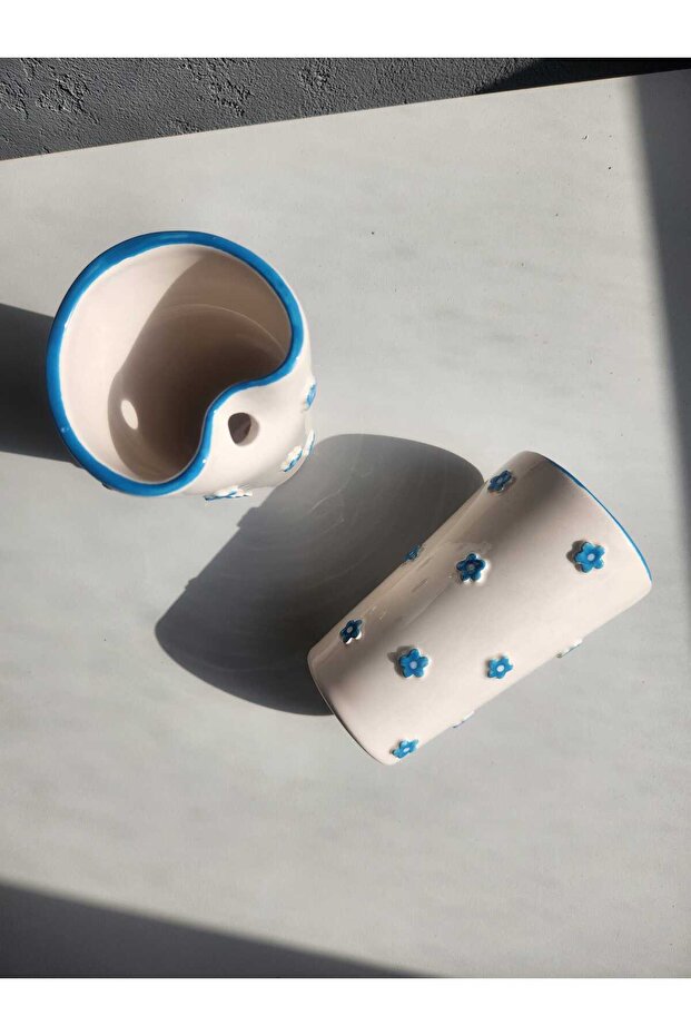 Mavi Çiçekli El Yapımı Seramik Pipetli Bardak - 2