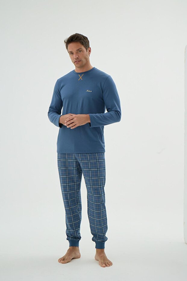 Erkek Uzun Kol Ekose Alt Jogger Paça İndigo Pijama Takımı C6T3N69 - 1