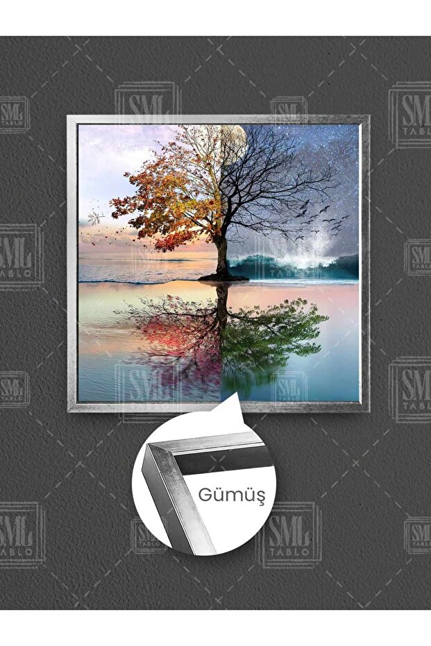 4 Seasons Tree on the Beach First Spring Summer Autumn Winter Framed Square Canvas Painting - 1