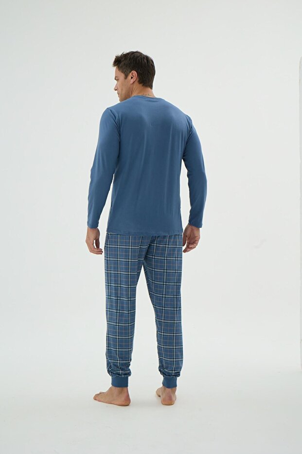 Erkek Uzun Kol Ekose Alt Jogger Paça İndigo Pijama Takımı C6T3N69 - 4