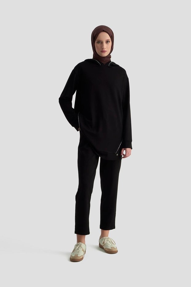 Stone Detailed Hooded Double Sport Suit Black 25Kt603