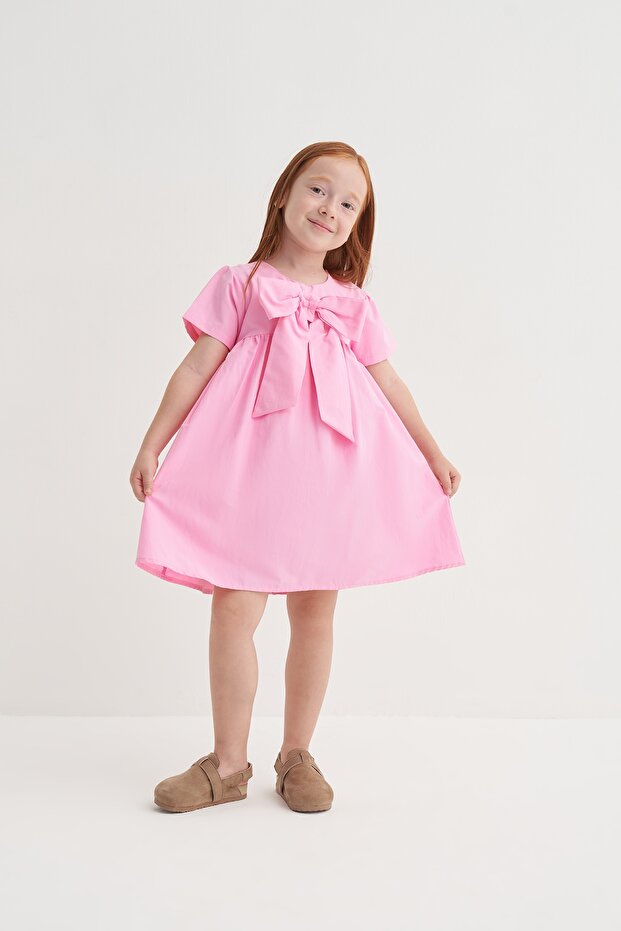 Girl's Poplin Dress with Ribbon Pink
