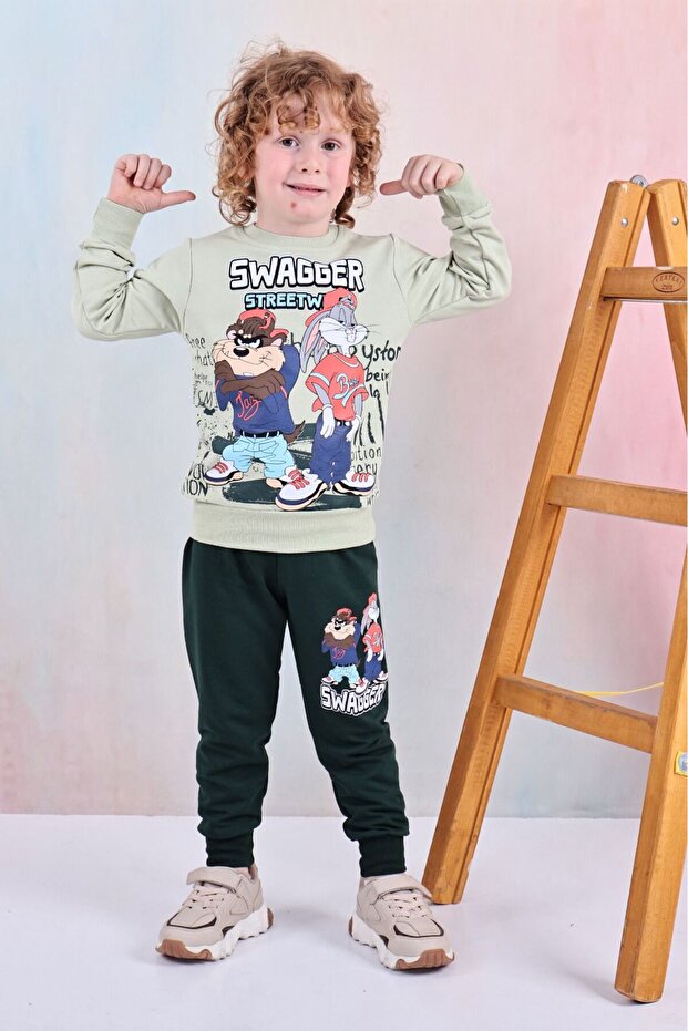Pjk2İ Tasmanian Devil Patterned 2 Thread 100% Cotton Boys' Tracksuit Set 3-10 Years 8184