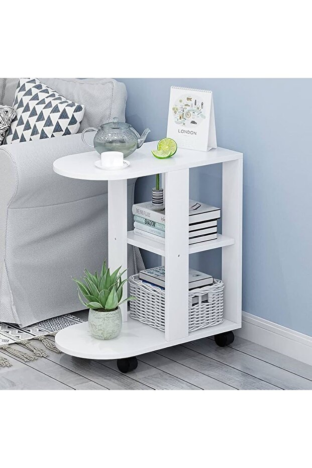 Modern Sofa Side Table with Swivel Wheels, 3 Open Storage Shelves for Living Room, White