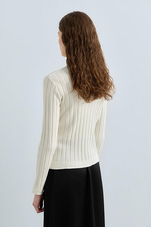Sıfır Yaka Düğmeli Triko Hırka Ekru - 4