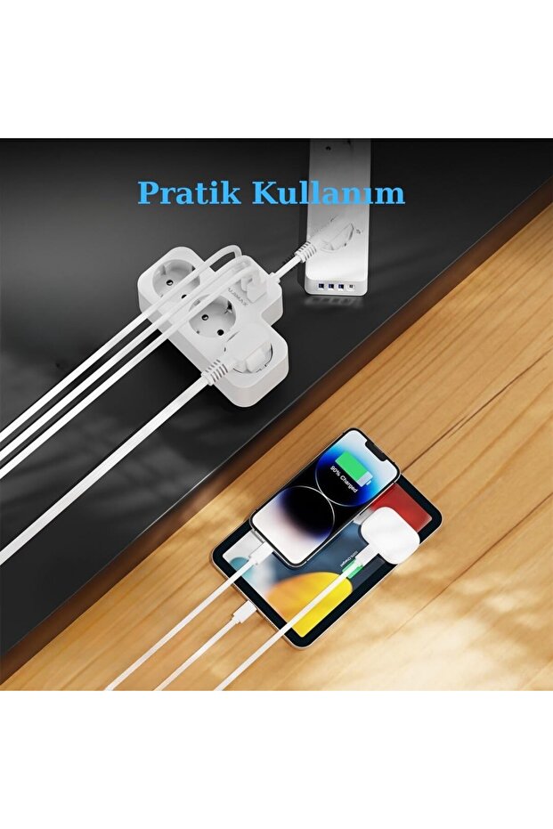 White Smart Socket Thermal Protection 3-Outlet Multi-Current Socket |   2 Usb-A + 1 USB - Protected Socket - 4