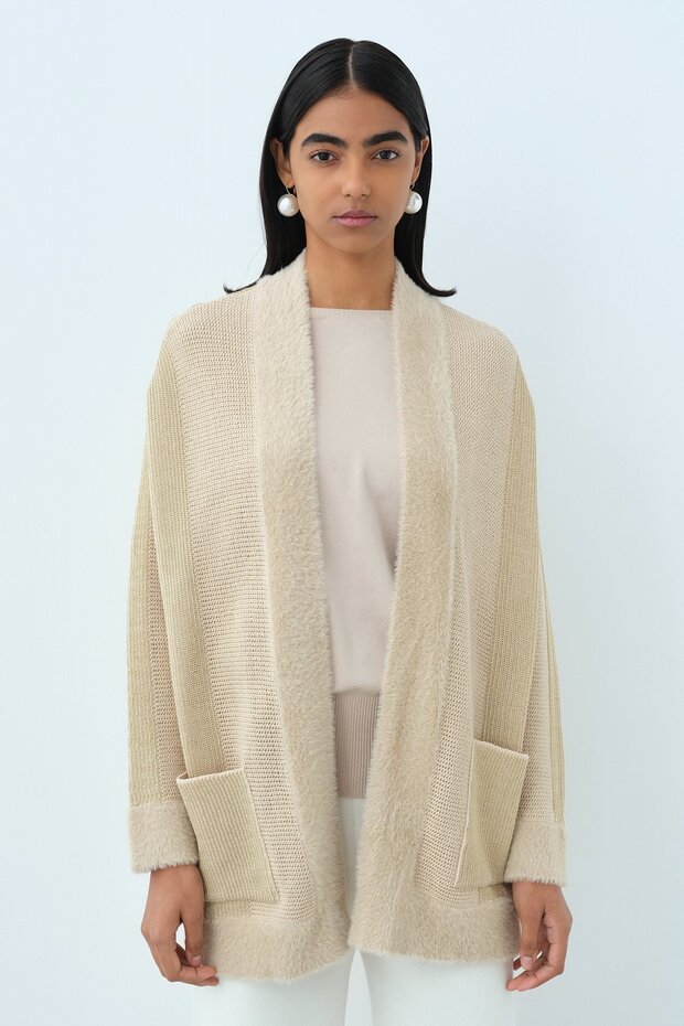 Simli Triko Hırka Bej - 1