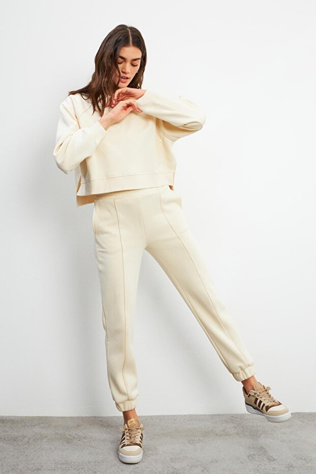 Brenna Ribbed Sweatpants with Elasticated Cuffs - Bone - 1
