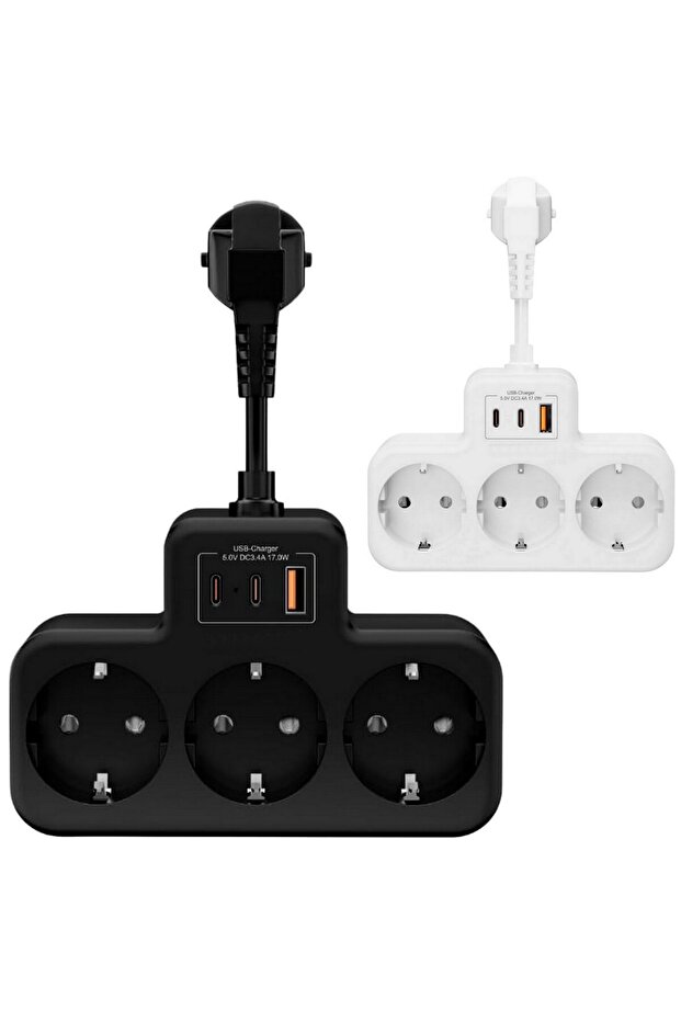 White Smart Socket Thermal Protection 3-Outlet Multi-Current Socket |   2 Usb-A + 1 USB - Protected Socket - 7
