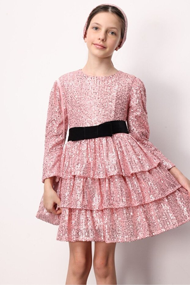 Pembe Pullu Katlı Kız Çocuk Elbise - Liona - 3