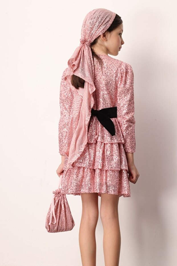 Pembe Pullu Katlı Kız Çocuk Elbise - Liona - 4