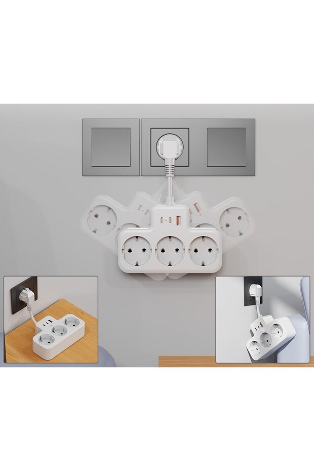 White Smart Socket Thermal Protection 3-Outlet Multi-Current Socket |   2 Usb-A + 1 USB - Protected Socket - 5