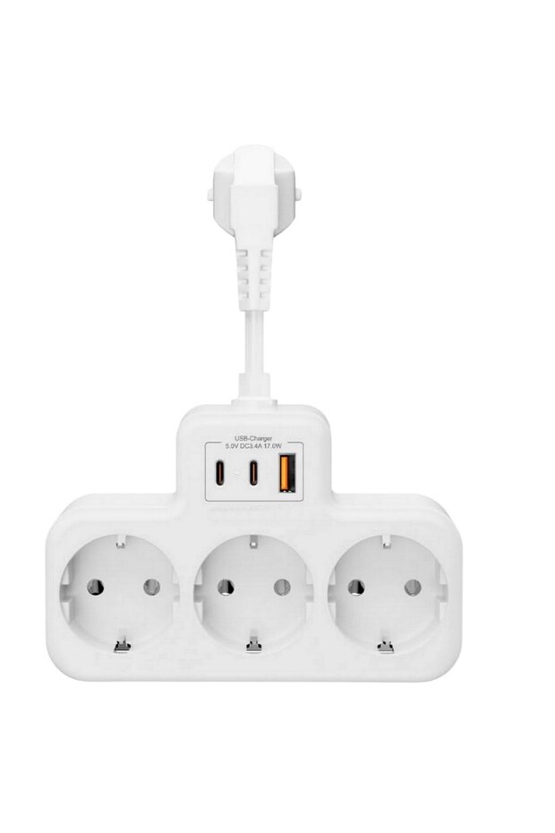 White Smart Socket Thermal Protection 3-Outlet Multi-Current Socket |   2 Usb-A + 1 USB - Protected Socket - 6