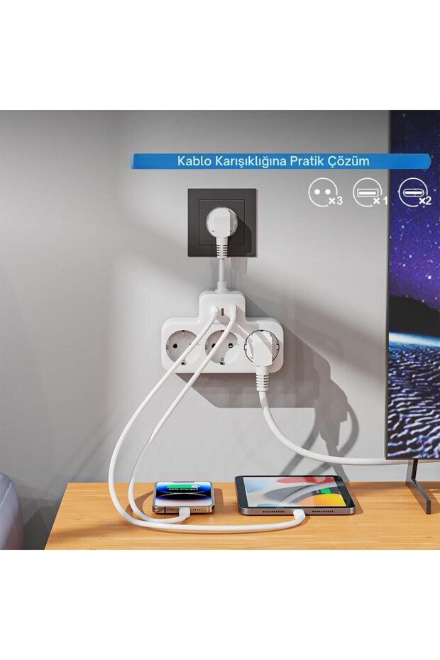 White Smart Socket Thermal Protection 3-Outlet Multi-Current Socket |   2 Usb-A + 1 USB - Protected Socket - 1