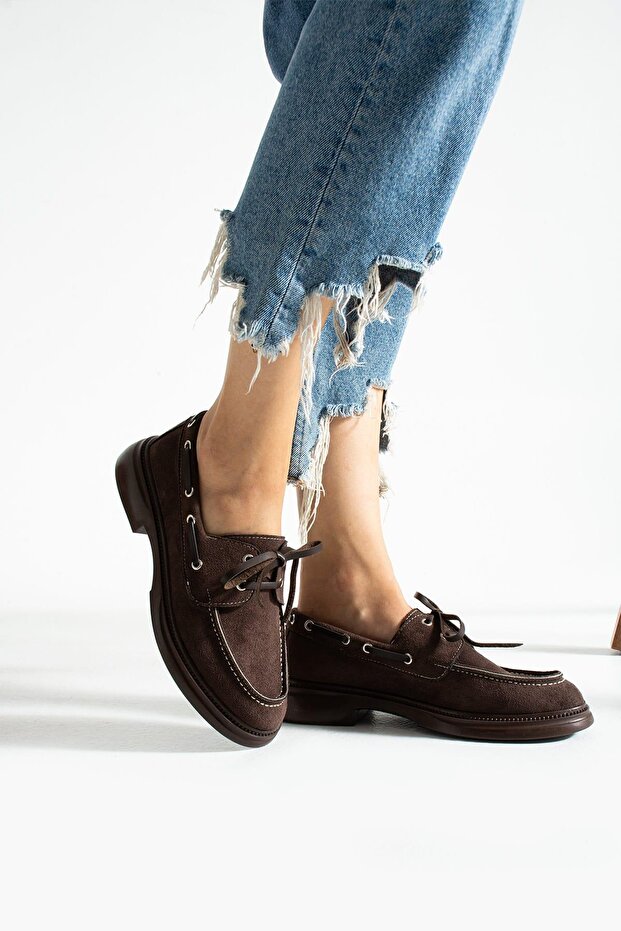 Bernard Brown Suede Flat Sole Lace-Up Women's Ballerinas
