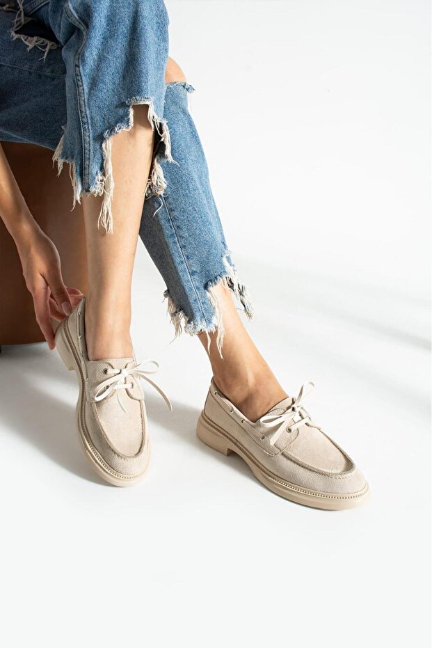 Bernard Beige Suede Flat Sole Lace-Up Women's Ballerinas