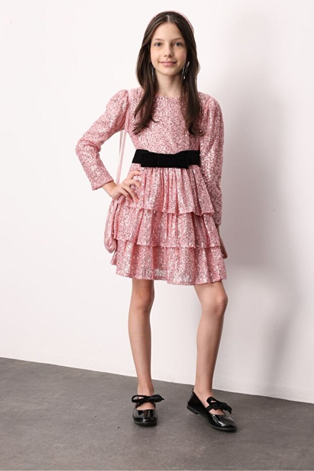 Pembe Pullu Katlı Kız Çocuk Elbise - Liona - 2