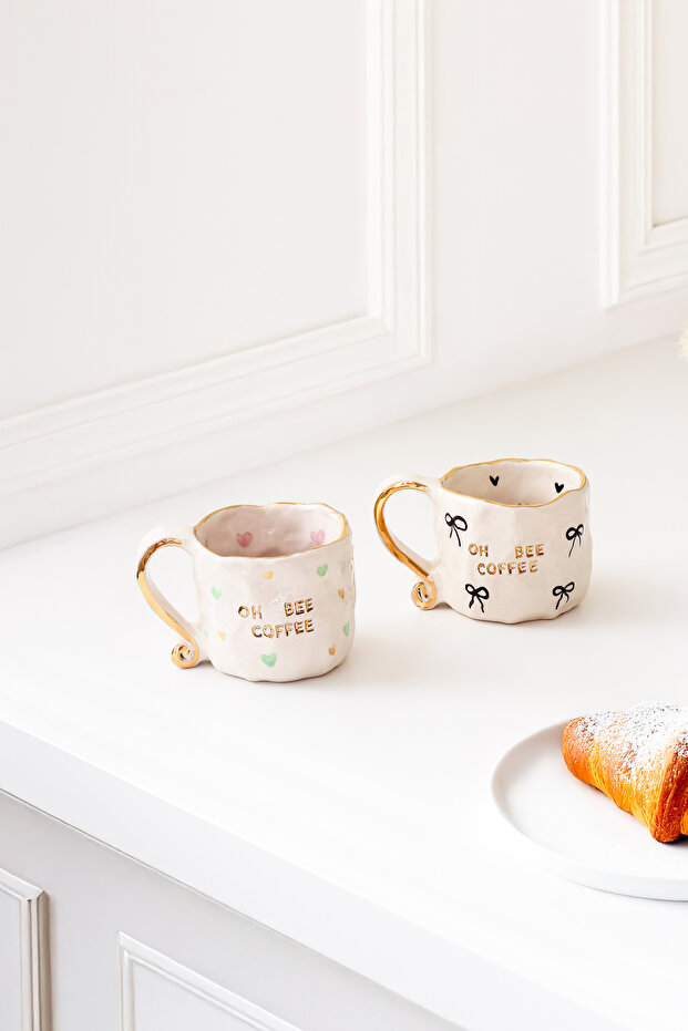 Oh Be Coffee Bow and Heart 2-Piece Mug Set / Handmade Ceramic 200ml Mug Set