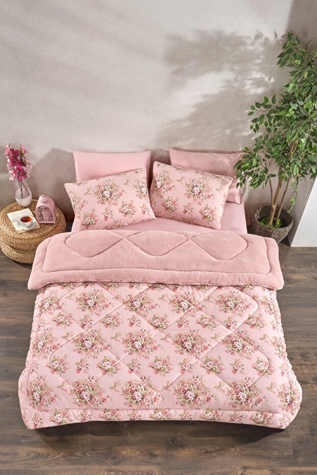 MARLA HOME Çift Kişilik Welsoft Yorgan Uyku Seti | Lastikli Çarşaflı | Pudra Rose