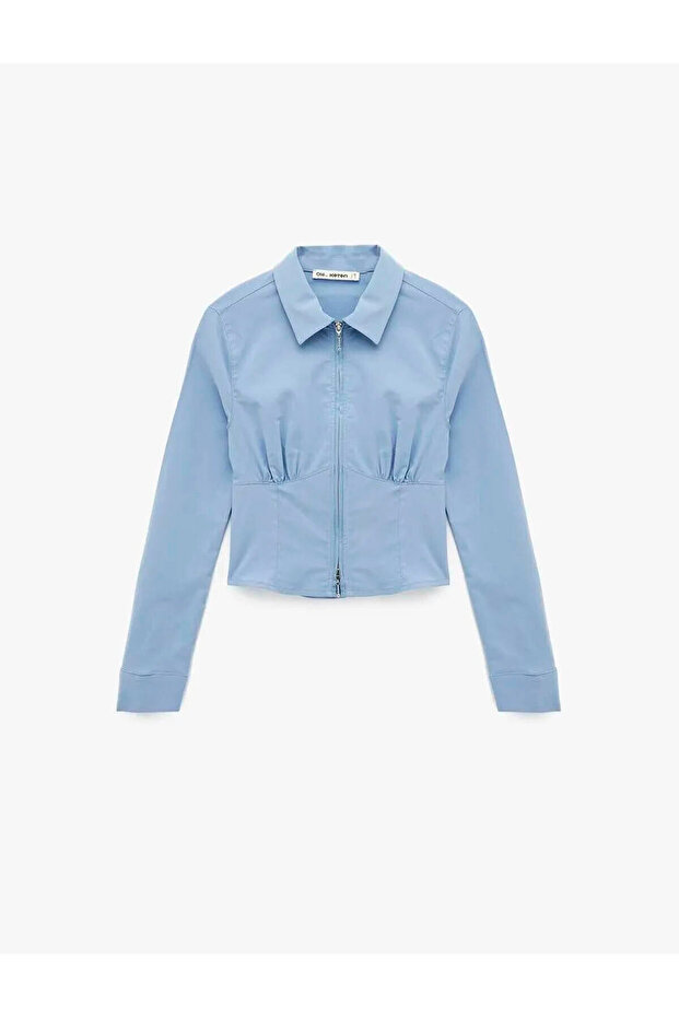 Corset Look Slim Fit Crop Zippered Blue Women's Shirt 6Wal60053Iw
