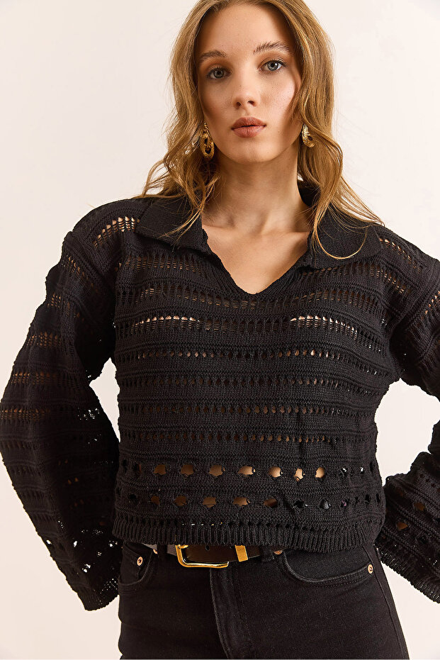Women's Black Polo Neck Openwork Knitwear Blouse Blz-19003120
