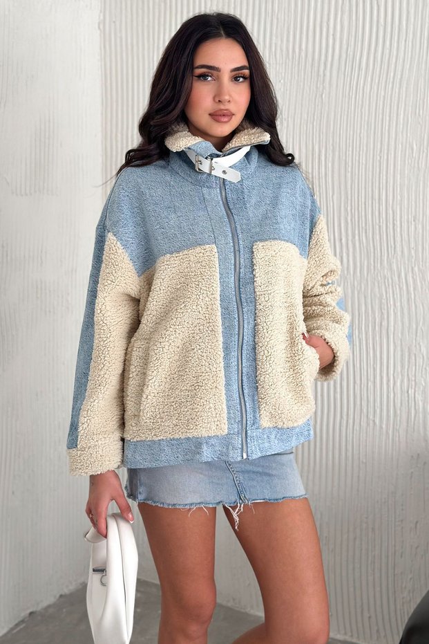 Women's Denim Detailed Lined Plush Fur Coat – High Collar & Seasonal Elegance