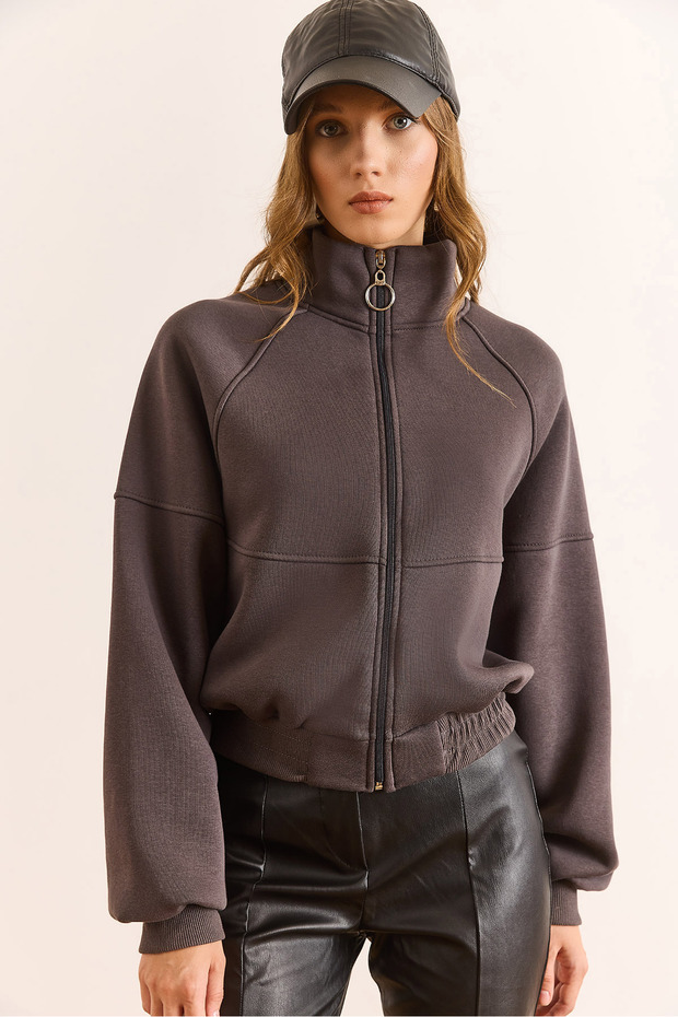 Women's Smoked Raglan Sleeve Zippered Ribbed Thick Crop Sweatshirt Swt-19000749