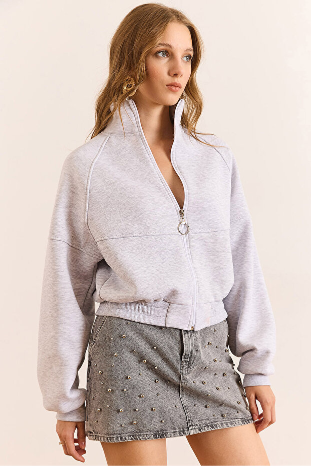 Women's Gray Melange Raglan Sleeve Zippered Ribbed Thick Crop Sweatshirt Swt-19000749