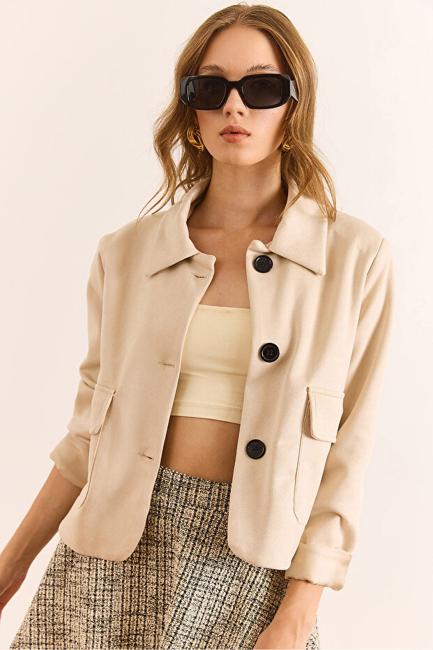Women's Stone Lined Pocketed Crop Suede Jacket Ckt-19000467