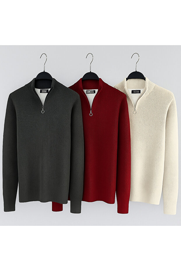 3-Piece Advantageous Set with Zipper, Stand-Up Collar, Regular Fit, Thick Cotton, Selanik Knitted Tricot Sweater