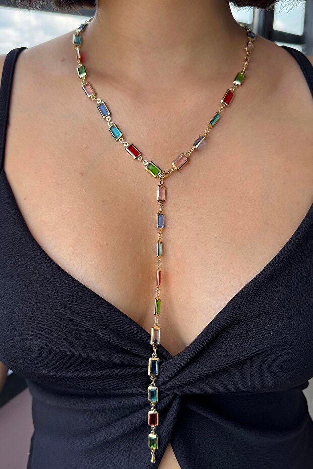 Gold Color Stone Detailed Ysx Y Necklace