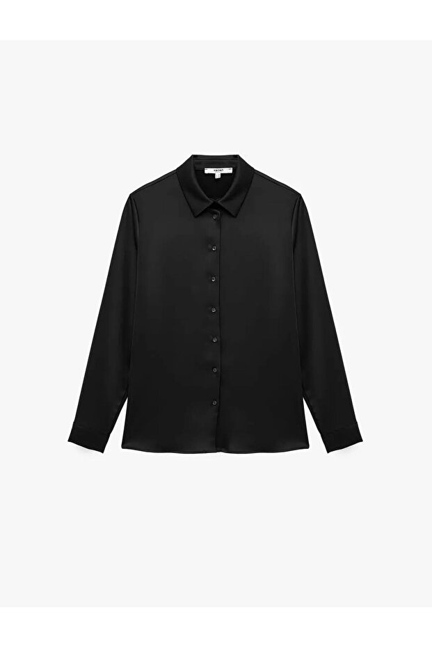 Classic Collar Long Sleeve Buttoned Satin Black Women's Shirt 6Wak60030Uw