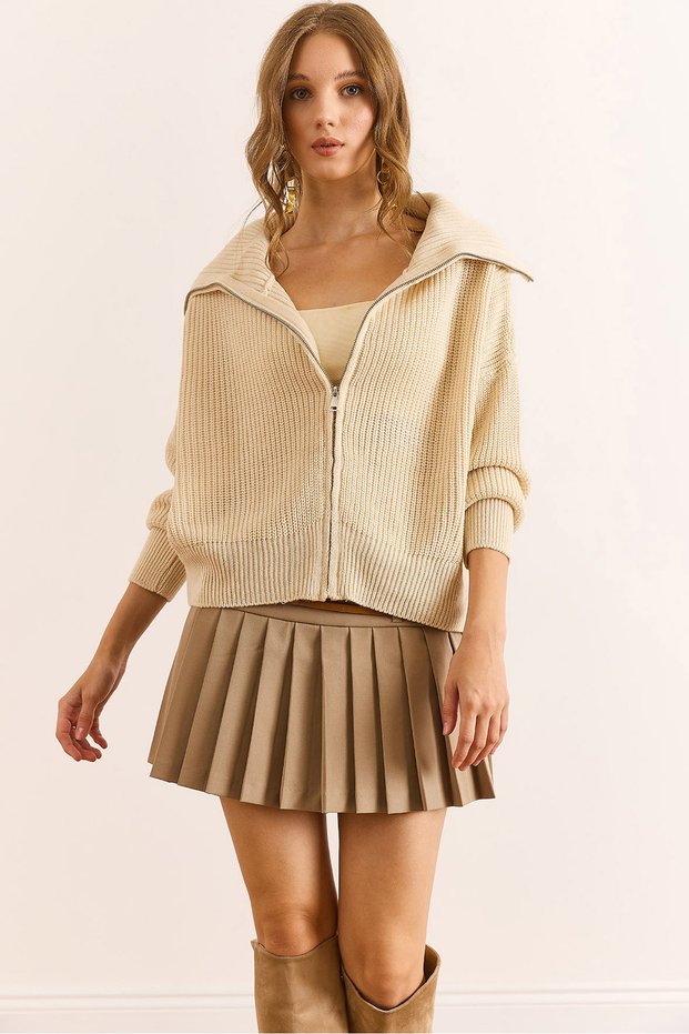 Women's Ecru Wide Collar Zippered Soft Textured Knitwear Cardigan Hrk-19000398