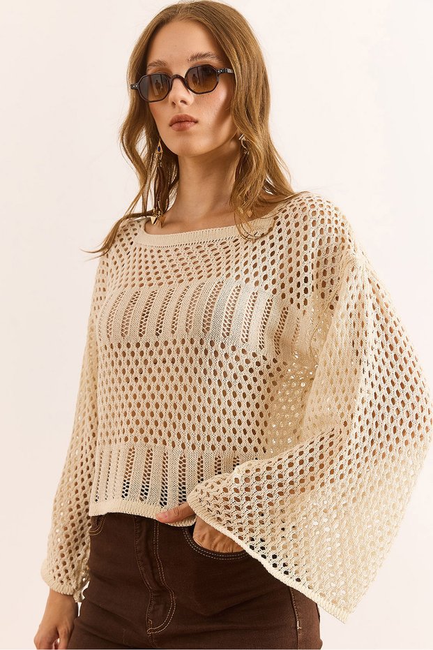 Women's Ecru Spanish Sleeve Openwork Seasonal Knitwear Blouse Blz-19003126