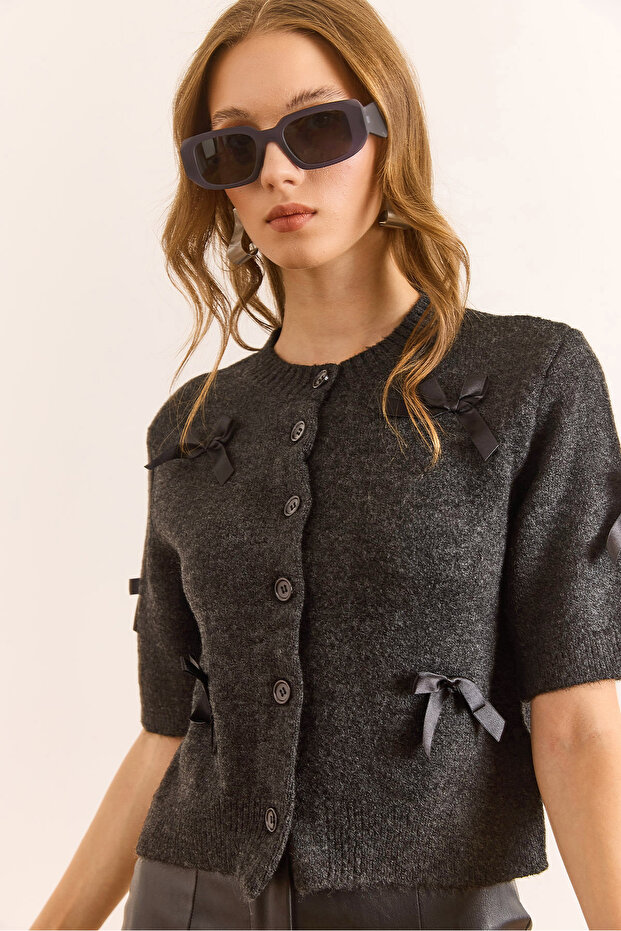 Women's Anthracite Bow Detailed Soft Textured Short Sleeve Cardigan Hrk-19000399
