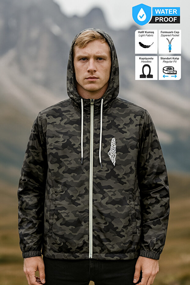 Camouflage Raincoat Palestine Map Printed Waterproof Seasonal Fabric Hooded Zipper Pocket