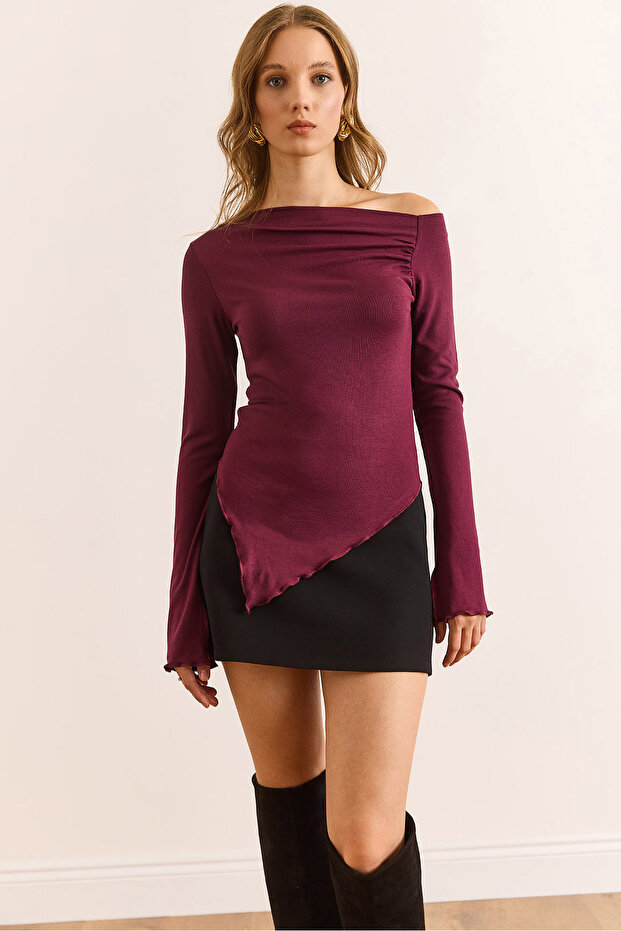 Women's Burgundy Boat Neck Cuff Slit Soft Touch Blouse Blz-19003112