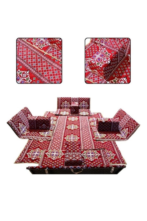 طقم جلوس أرضي عربي فاخر، 9 قطع (4 مقاعد + 4 مساند للذراعين + قاعدة، 300×200 سم)