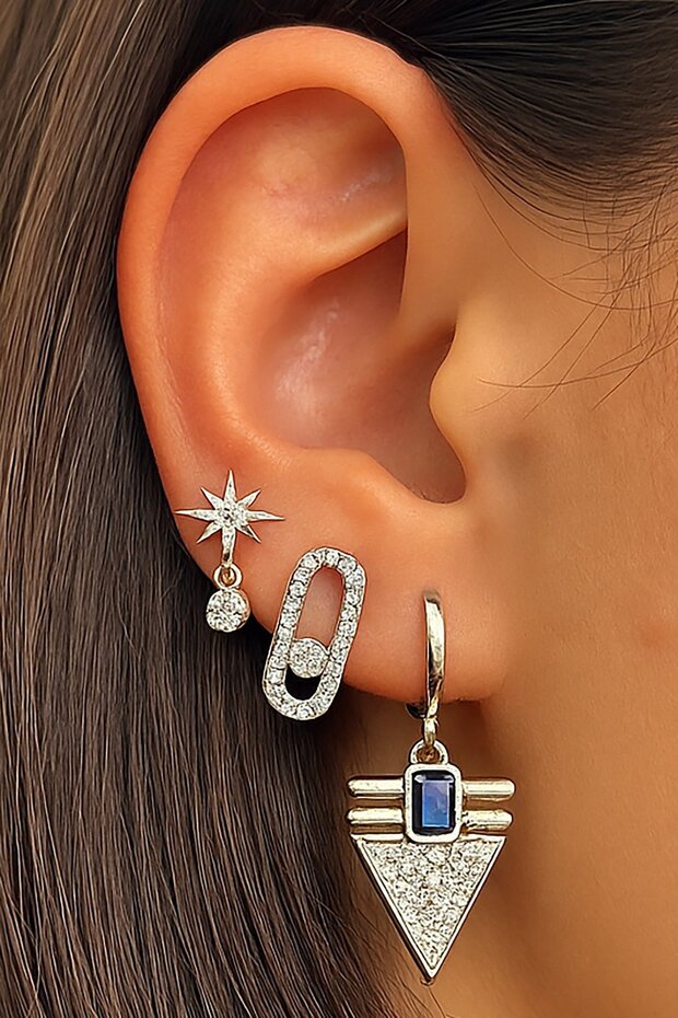 Silver Color Stone Detailed 3-Piece Ysx Earring Set