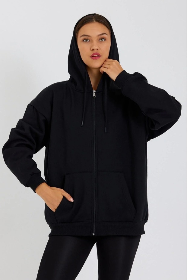 Black 3-Thread Kangaroo Pocket Hooded Zippered Oversized Women's Sweatshirt Cardigan with Fleece Inside