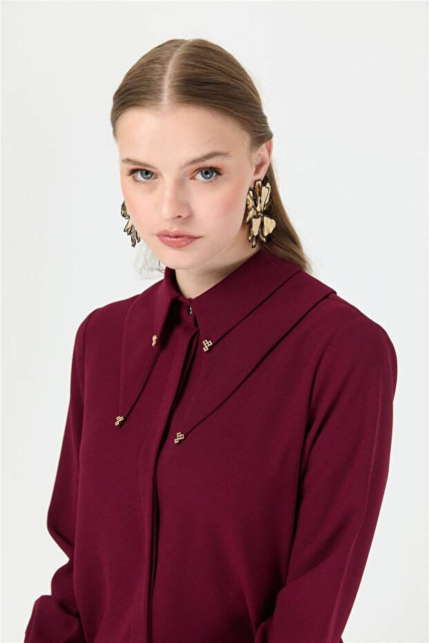 Çift Yakalı Uzun Tunik Bordo - 7