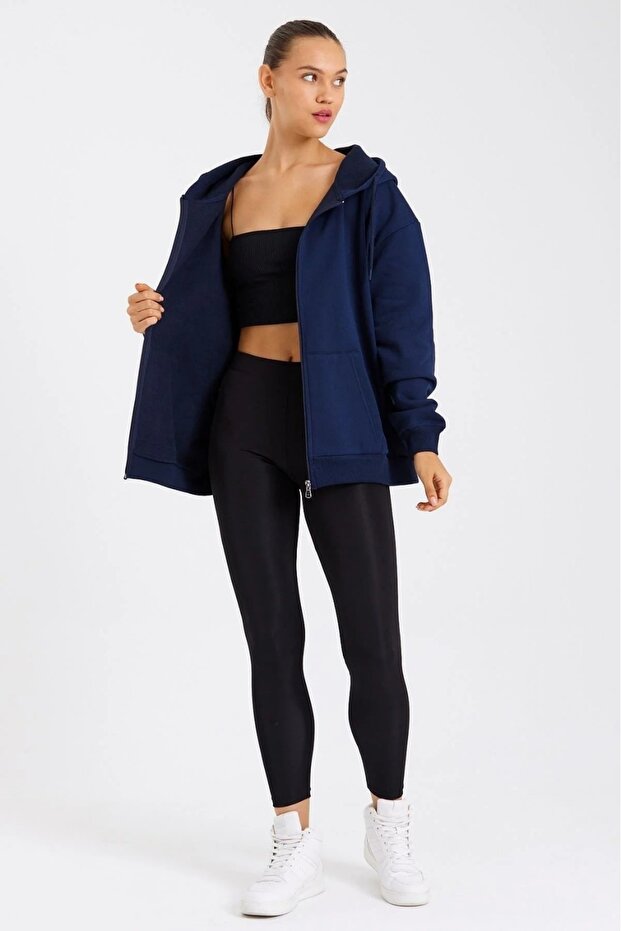 Navy Blue 3-Thread Kangaroo Pocket Hooded Zippered Fleece Lined Oversize Women's Sweatshirt Cardigan