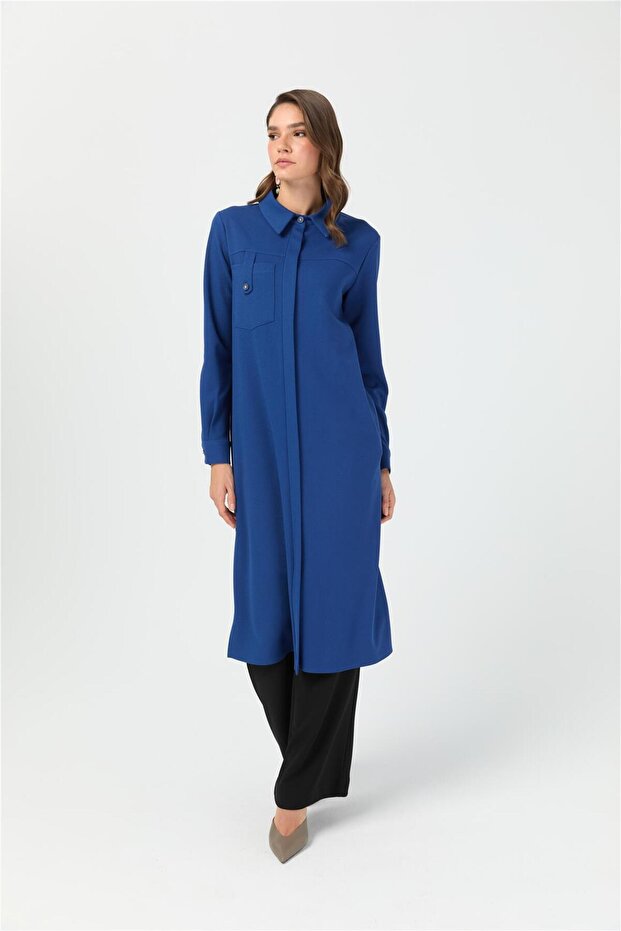 Cep Üzeri Apolet Detaylı Kurtarıcı Uzun Tunik İndigo - 6