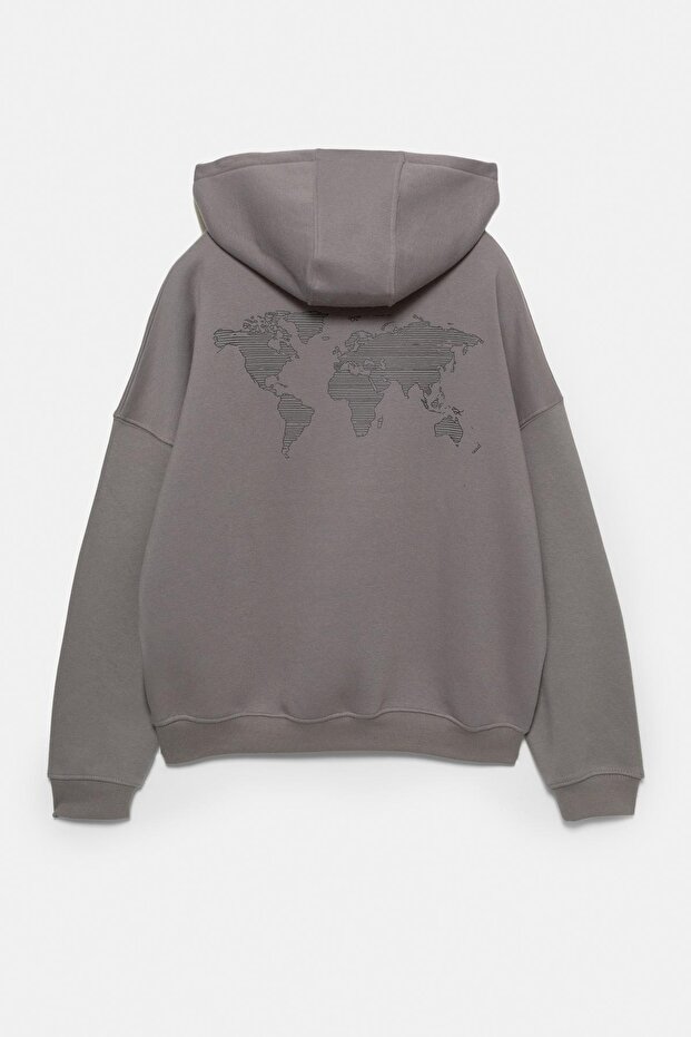 Gri harita baskılı kapüşonlu sweatshirt - 8