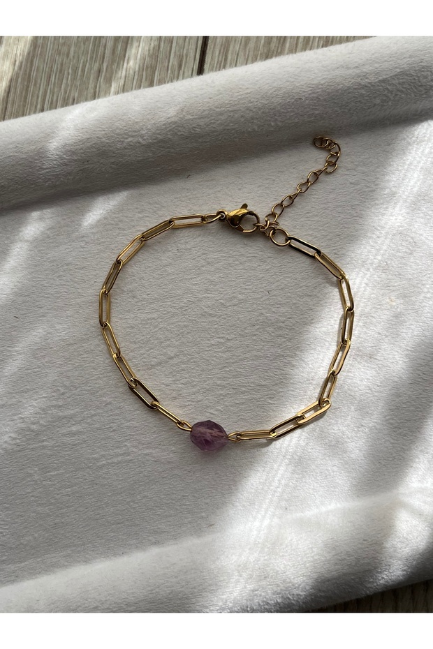 Diamond Purple Fluorite Stone Steel Bracelet Handmade