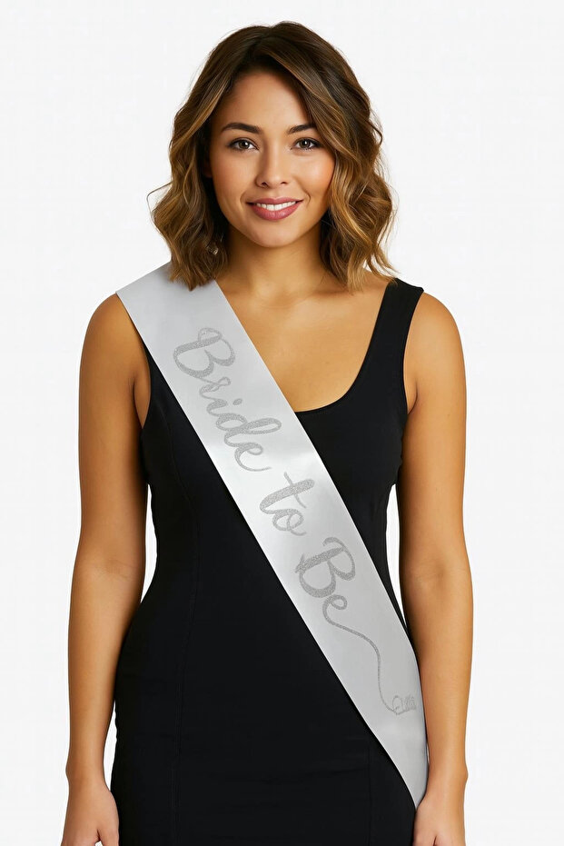 Handwritten Italic Silver Bride to Be Sash on White Satin 10 cm Width
